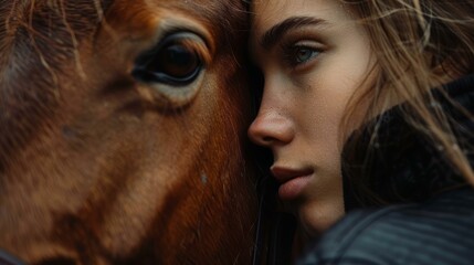 Beautiful close-up of young woman and brown horse showcasing intimate human-animal bond, natural colors, perfect for themes of friendship and trust in nature.