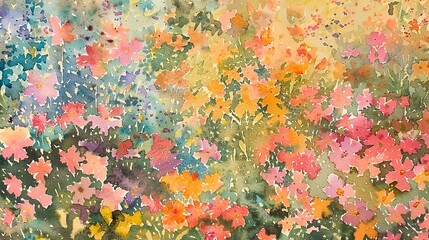 Watercolor, Alpine meadow blooms, close up, aerial hint, patchwork of colors
