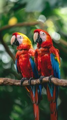 Colorful pair of Scarlet Macaws perched on branch, vibrant red, blue, and yellow feathers with lush green background, reflecting tropical and wildlife themes.