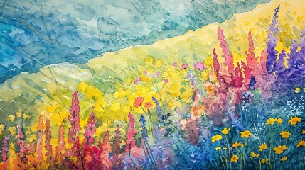 Watercolor, Alpine meadow blooms, close up, aerial hint, patchwork of colors  - obrazy, fototapety, plakaty