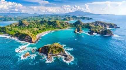 Beautiful aerial view of lush green islands with turquoise waters and rocky coastlines, ideal for tropical vacation themes, summer escapades, or nature adventures. - obrazy, fototapety, plakaty