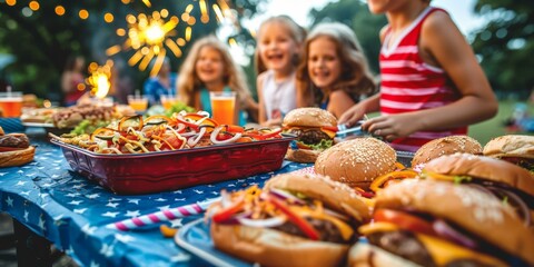 Joyful outdoor Fourth of July picnic with four children laughing, vibrant table spread featuring burgers and hot dogs, festive fireworks in background. - Powered by Adobe