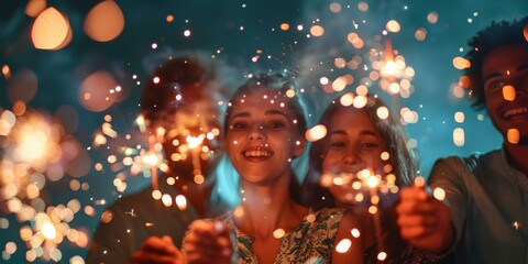 Joyful group of four diverse friends celebrating with sparklers at night, vibrant holiday...
