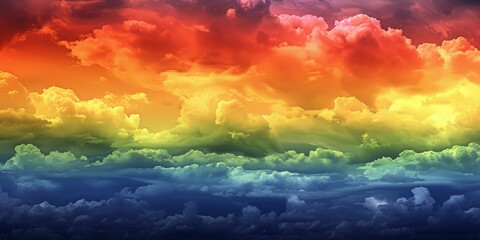 Vibrant spectrum cloudscape with layers of multi-colored cumulus clouds, evoking feelings of wonder and fiery summer sunsets, perfect for weather-related themes. Copy space. - obrazy, fototapety, plakaty