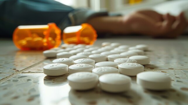 Disturbing image of an unconscious person lying on the floor with spilled prescription pills in the foreground, capturing a critical moment of crisis.