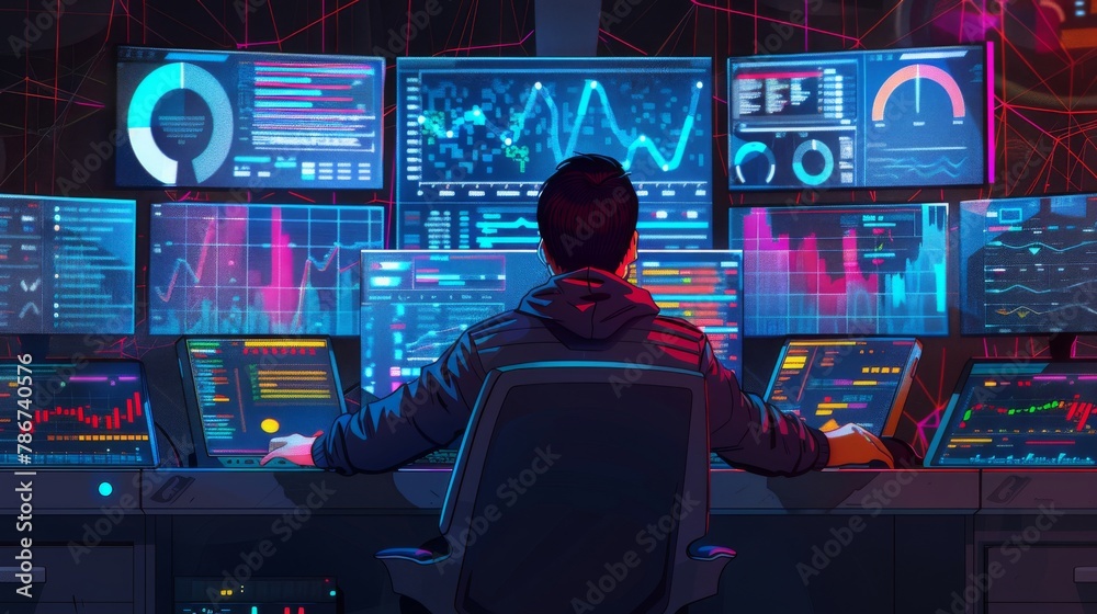 Poster a devops engineer monitoring live network traffic across multiple screens, styled as high-tech reali