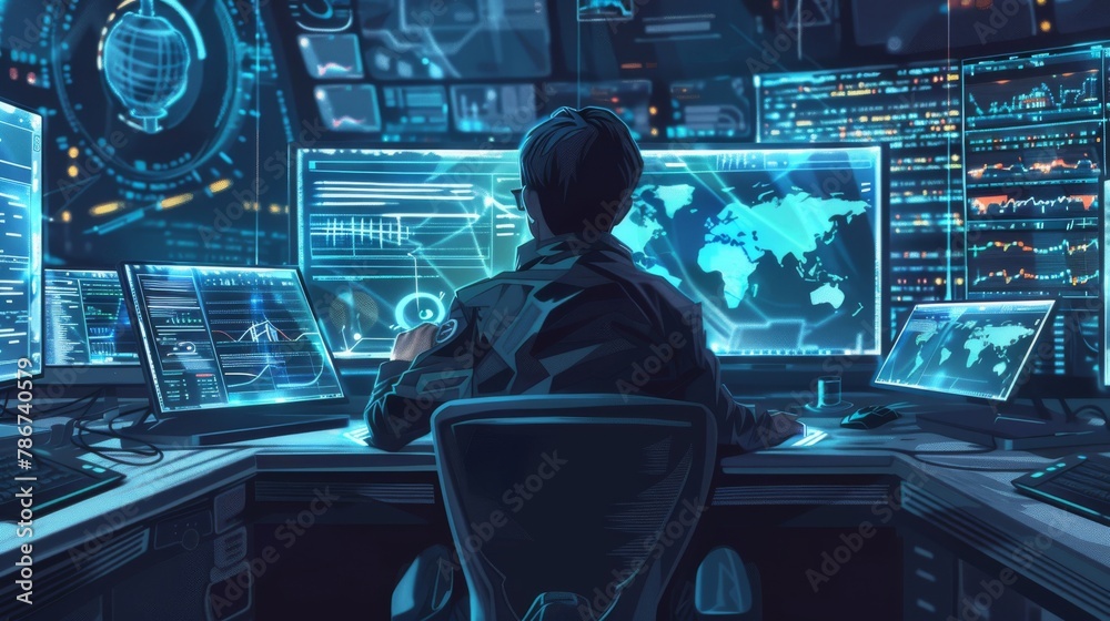 Poster a devops engineer monitoring live network traffic across multiple screens, styled as high-tech reali