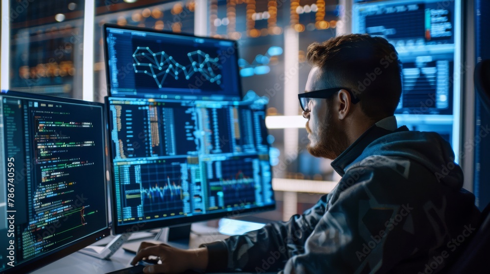 Poster a devops engineer monitoring live network traffic across multiple screens, styled as high-tech reali