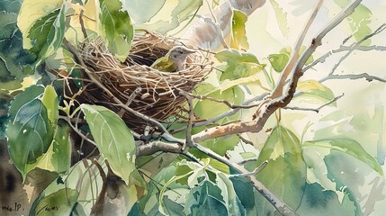 Fototapeta premium Watercolor, Birdâ€™s nest in branches, close up, high canopy, secure haven 