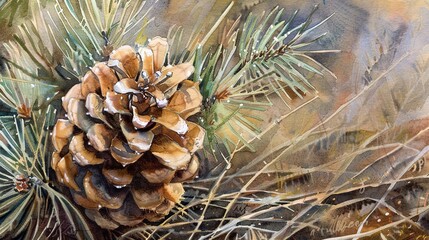 Watercolor, Pine cone on needle bed, close up, crisp air, scent of resin