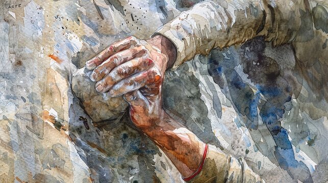 Watercolor, Climber gripping limestone crag, close up, focus on texture, adrenaline