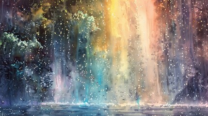 Watercolor, Water droplets from waterfall, close up, rainbow prism, misty air - obrazy, fototapety, plakaty