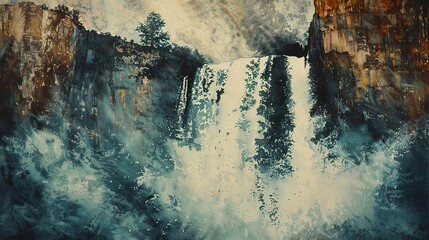 Watercolor, Waterfall cascade over cliff, close up, sheer power, mountain backdrop - obrazy, fototapety, plakaty