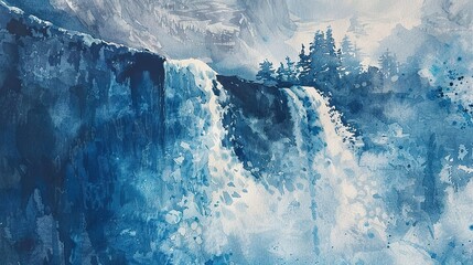 Watercolor, Waterfall cascade over cliff, close up, sheer power, mountain backdrop