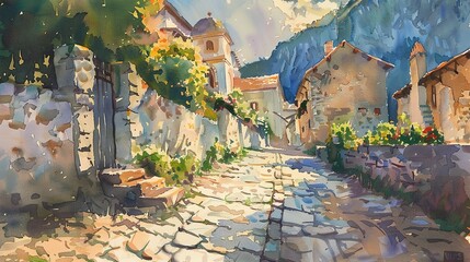 Watercolor, Cobblestone path, close up, winding through mountain village, evening 