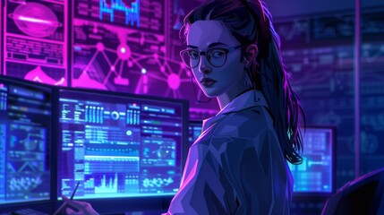 A female cybersecurity analyst leading a team in a high-stakes operation, in an empowering, heroic portrait style. A data scientist at an old librar - obrazy, fototapety, plakaty