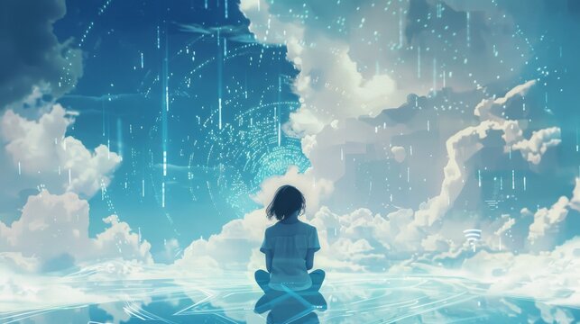 A female cloud engineer programming in a serene, high-altitude cloud-like environment, in an ethereal, abstract style.