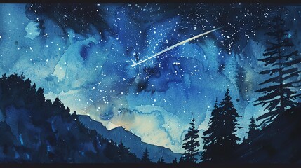 Watercolor, Meteor streak, close up, illuminating mountain silhouette, fleeting moment  - obrazy, fototapety, plakaty