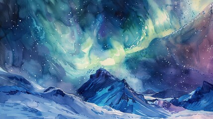 Watercolor, Aurora borealis dancing, close up, above snowy mountain, ethereal glow 