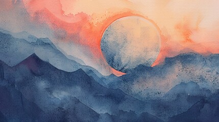 Watercolor, Moonrise over mountain, close up, craters visible, twilight hues - obrazy, fototapety, plakaty