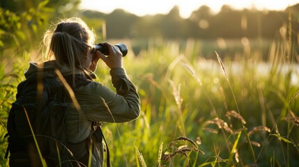 Obraz premium A peaceful moment captured in a nature reserve, with a person quietly observing wildlife through binoculars, underscoring the beauty of coexisting with nature and the importance of protected areas.
