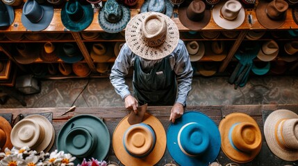 A hat maker shaping a felt hat on an old-fashioned hat block, surrounded by an array of finished hats on display.