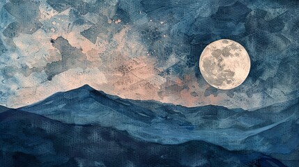 Watercolor, Moonrise over mountain, close up, craters visible, twilight hues  - obrazy, fototapety, plakaty