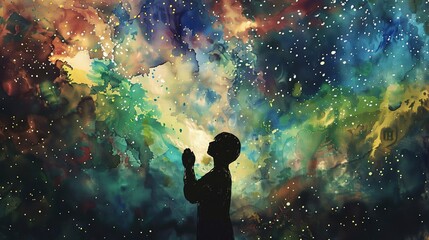 Watercolor, Stargazer's silhouette, close up, gazing up, awe, vast universe  - obrazy, fototapety, plakaty