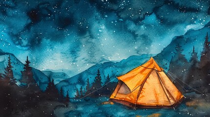 Watercolor, Glowing tent under starry sky, close up, cozy haven, mountain solitude 