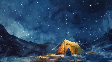 Watercolor, Glowing tent under starry sky, close up, cozy haven, mountain solitude - obrazy, fototapety, plakaty