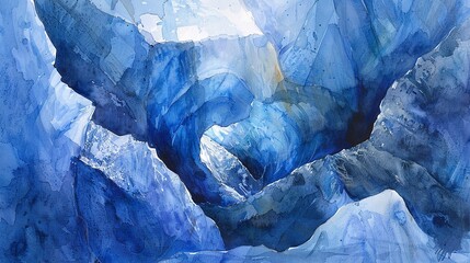Obraz premium Watercolor, Glacier crevice, close up, deep blue ice, sunlight filtering through