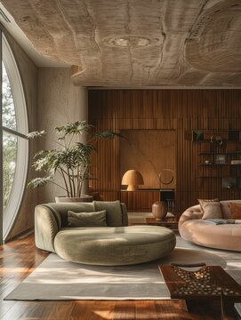 Modern Living Room Interior with Curved Sofa and Wood Paneling