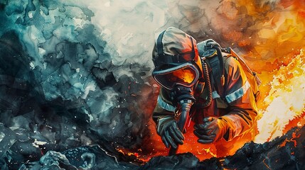 Watercolor, Volcanologist sampling lava, close up, protective gear, fierce glow - obrazy, fototapety, plakaty
