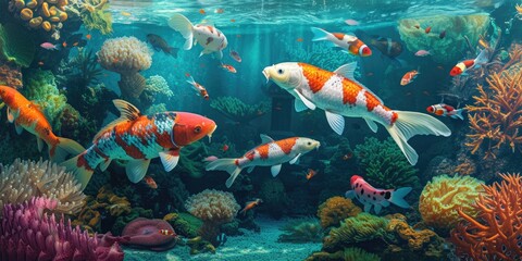 Naklejka premium A vibrant gathering of koi fish and other colorful aquatic companions 🐠🌈 A lively underwater community in full bloom! #ColorfulAquariumLife