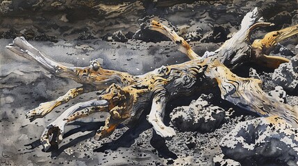 Obraz premium Watercolor, Charred tree remains, close up, aftermath of lava flow, desolate 