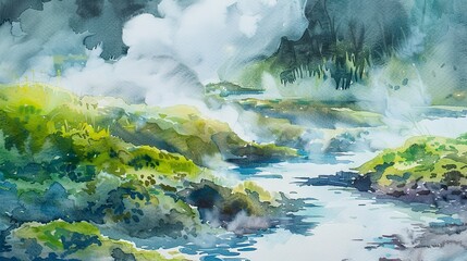 Watercolor, Thermal spring near volcano, close up, steaming water, lush green contrast  - obrazy, fototapety, plakaty