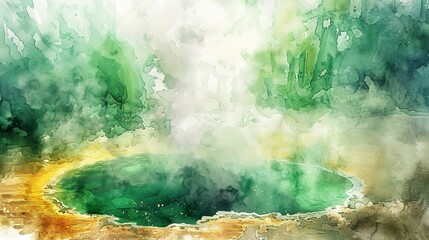 Watercolor, Thermal spring near volcano, close up, steaming water, lush green contrast - obrazy, fototapety, plakaty
