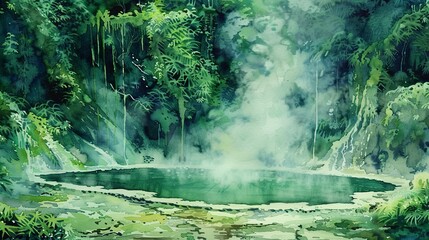 Watercolor, Thermal spring near volcano, close up, steaming water, lush green contrast 