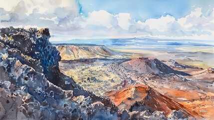 Watercolor, Volcanic crater rim, close up, rugged edge, vast caldera beyond - obrazy, fototapety, plakaty