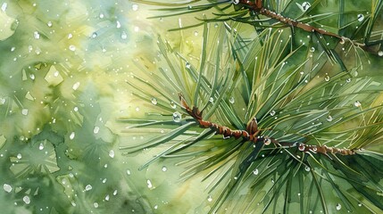 Naklejka na ściany i meble Watercolor, Pine needles, close up, heavy mist, water droplets glistening 