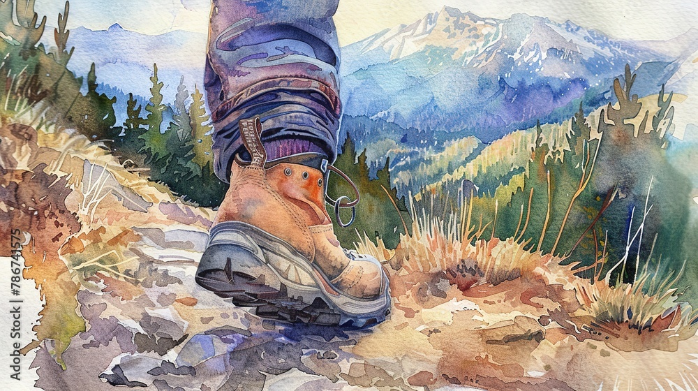 Canvas Prints Watercolor, Hiker's boot on trail, close up, with a panoramic mountain vista ahead 