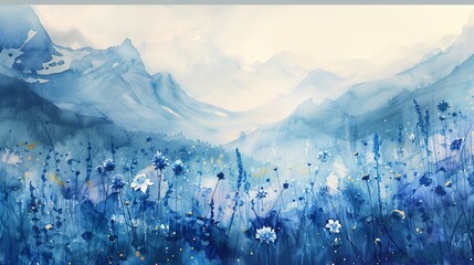 Watercolor, Mountain flower, close up, wide valley and peaks softly out of focus  - obrazy, fototapety, plakaty