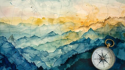 Watercolor, Close up of a map and compass, background of panoramic mountain ranges at dusk - obrazy, fototapety, plakaty
