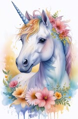 white unicorn with golden horn, multicolored mane and bright flowers woven into it against white background. concepts: day of unicorn, unicorn day, fantasy book cover, magic, dreams, imagination.