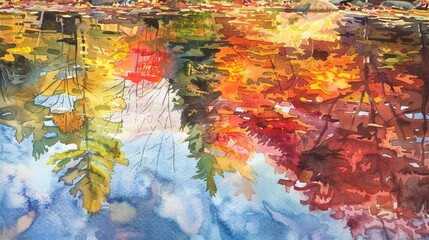 Watercolor, Reflection of autumn trees in stream, close up, vibrant colors, calm water 