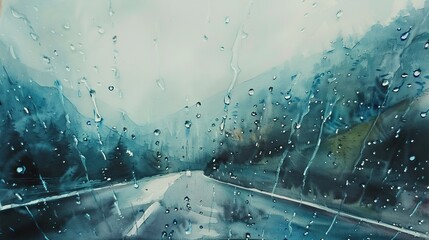 Watercolor, Raindrops on car window, close up, blurred mountain road, moody 