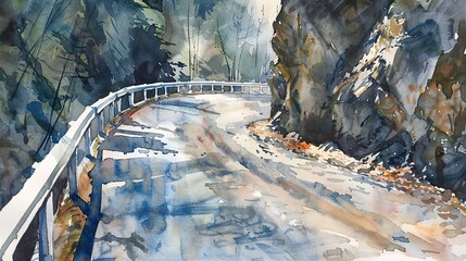 Watercolor, Steep drop beside narrow road, close up, guardrail, dizzying heights