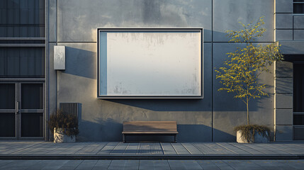 Empty advertising billboard on a modern building wall at dusk, with bench and tree, ideal for branding mockups