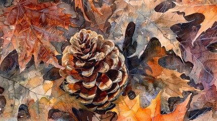 Watercolor, Pine cone among fall foliage, close up, detailed texture, warm hues