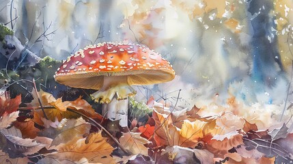 Watercolor, Mushroom cap in forest, close up, autumn leaves, soft light  - obrazy, fototapety, plakaty